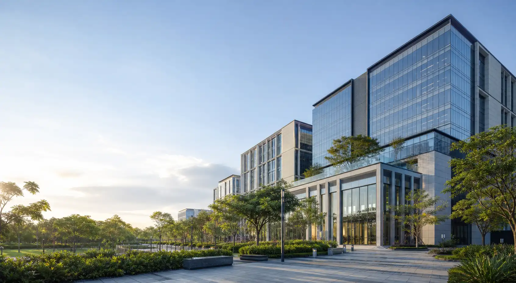 Conceptual contemporary business campus with office buildings and landscaped open space